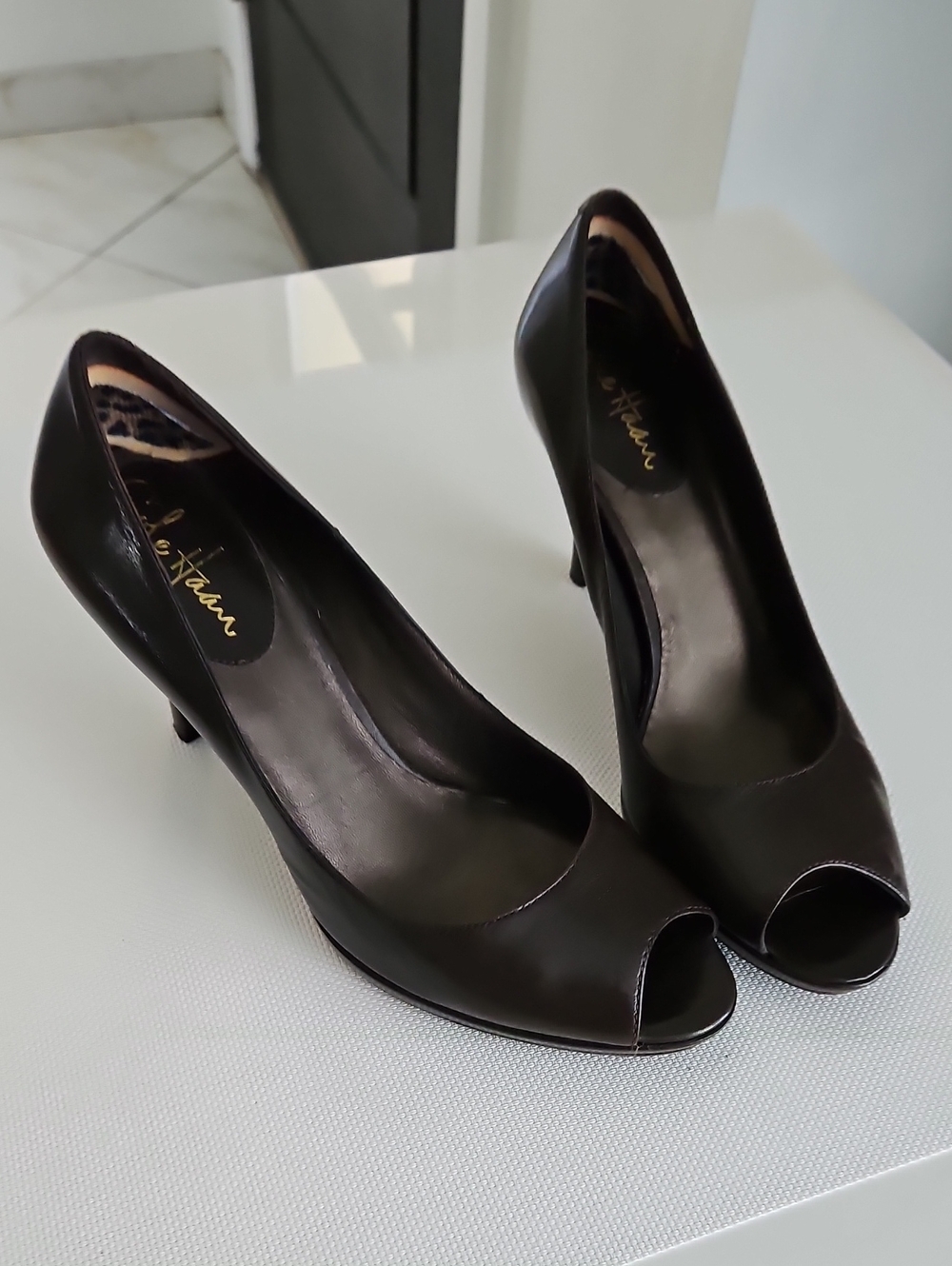 Cole Haan Dark Brown Peep-Toe Leather Pumps